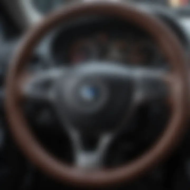 Close-up of a luxurious leather steering wheel cover enhancing vehicle aesthetics