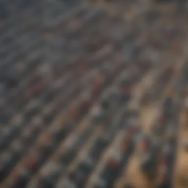 An aerial view of the junkyard, illustrating the organized layout and various vehicle types available for salvage.