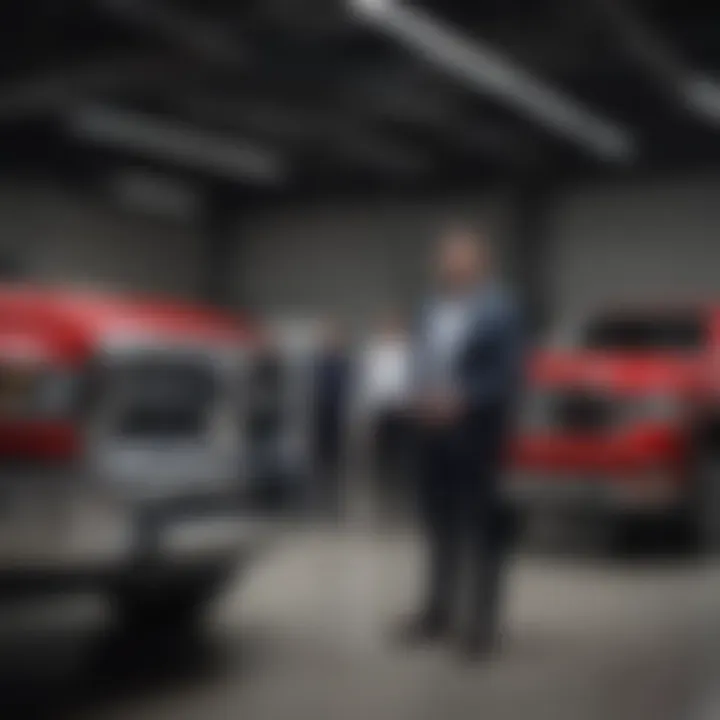 A diverse group of individuals examining the RAM Laramie at a dealership, reflecting consumer interest.