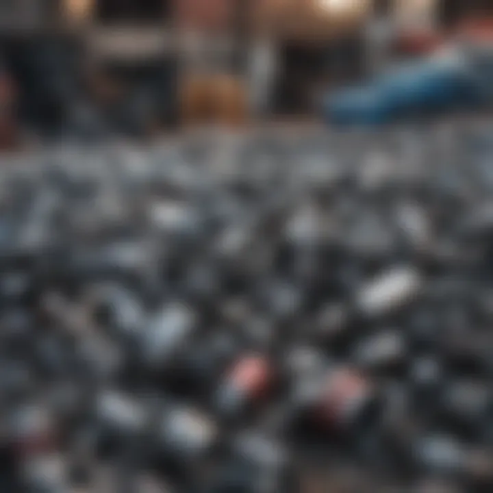 A detailed shot of automotive parts ready for resale in a wrecking yard.