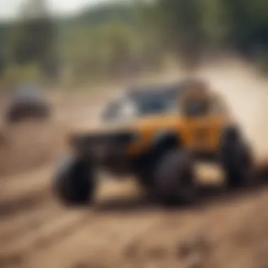 Group of off-road RC cars in action during an outdoor race