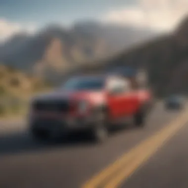 A pickup truck towing a trailer on a scenic highway