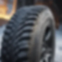Close-up view of a snow tire's tread pattern highlighting traction capabilities.
