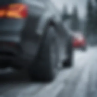 Vehicle equipped with winter tires navigating through a snow-covered road