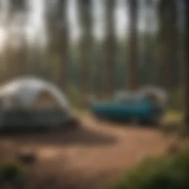 A cozy camping setup featuring tents and equipment, emphasizing the camping lifestyle promoted by the store.