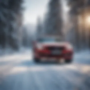 A vehicle equipped with snow chains driving safely through a winter landscape