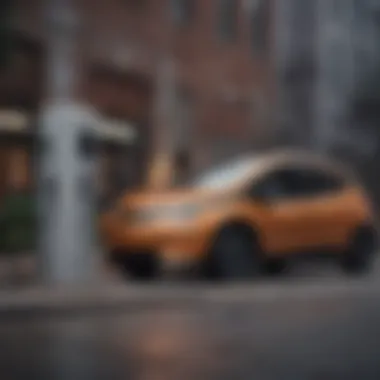 A Chevy Bolt parked next to a fast charging station in an urban setting.