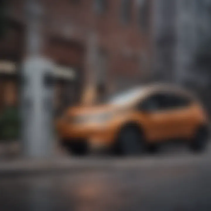 A Chevy Bolt parked next to a fast charging station in an urban setting.