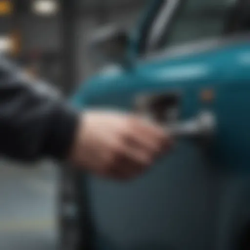 A mechanic examining a car door handle with specialized tools.