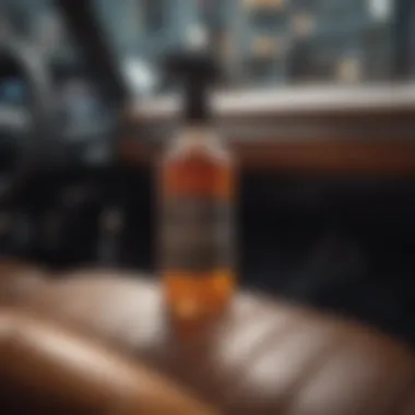 Close-up of Ford leather cleaner bottle against a luxury car interior