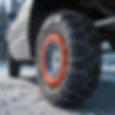 Close-up of snow chains on a tire