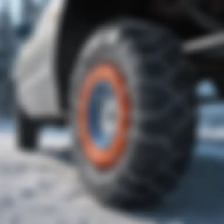 Close-up of snow chains on a tire