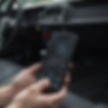 User connecting a smartphone to a Bluetooth adapter in a car