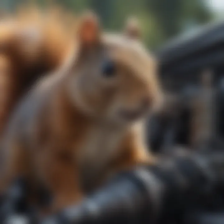 A squirrel inspecting a car engine