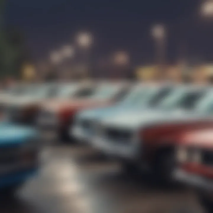 A scenic view of a used car lot with various models