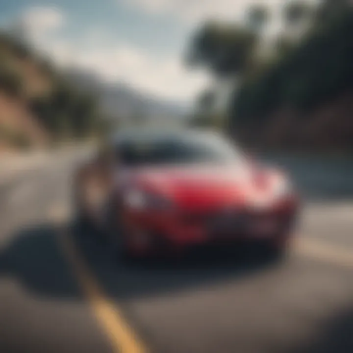 A sleek Tesla vehicle demonstrating autopilot functionality on a highway.