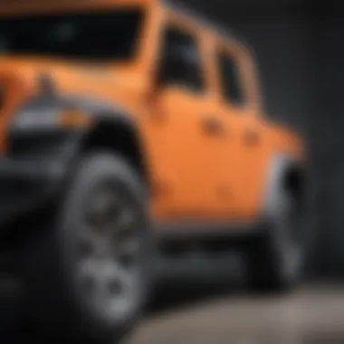 Side view of a Jeep Gladiator displaying color-matched fenders in a showroom setting