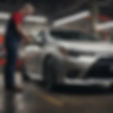 Mechanic inspecting a Toyota Corolla for maintenance