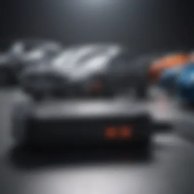 Various types of car battery chargers arranged neatly.