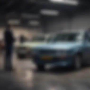 A diverse group of individuals examining a used car at a dealership