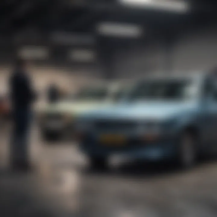 A diverse group of individuals examining a used car at a dealership