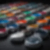 A vibrant selection of Ford auto paint colors displayed in an array.