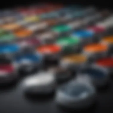 A vibrant selection of Ford auto paint colors displayed in an array.