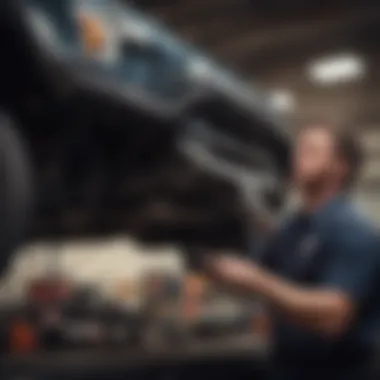 Mechanic conducting a Full Throttle Suspension installation on a Ford F150 in a workshop setting