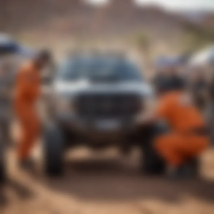 Mechanics working on a race vehicle in a vibrant pit area