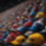 A vibrant display of NASCAR hats showcasing various team logos and designs