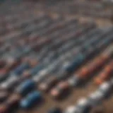 A panoramic view of an octopus junkyard filled with a variety of vehicles awaiting recycling.