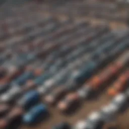 A panoramic view of an octopus junkyard filled with a variety of vehicles awaiting recycling.