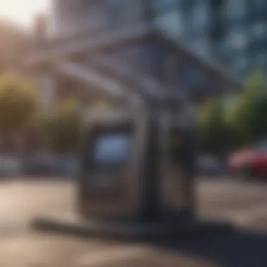 Futuristic Solar Recharge Station in Urban Setting A futuristic view of a solar recharge station in an urban environment