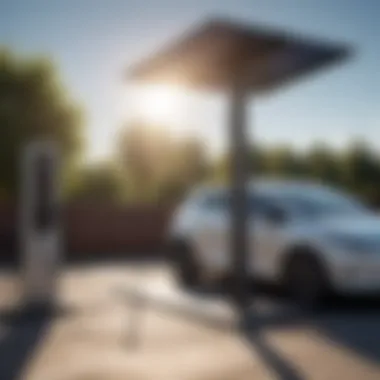 Solar Recharge Station with EV Charging Points A solar recharge station with multiple EV charging points under sunlight