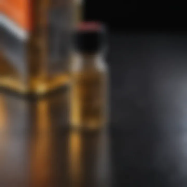 Close-up of oil additive bottle with synthetic oil background