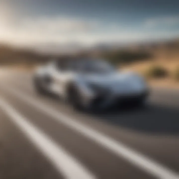 Dynamic shot of a two-seater car in motion on a scenic road