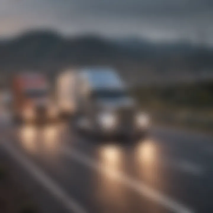 A highway scene showcasing multiple self-driving trucks in operation