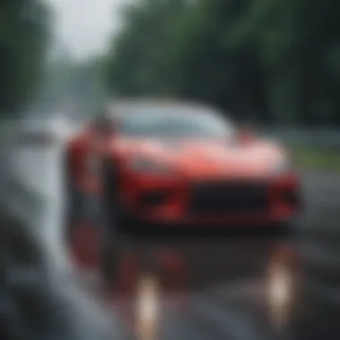 Navigating Challenges: Racing in Adverse Weather Race car navigating through rain-soaked track