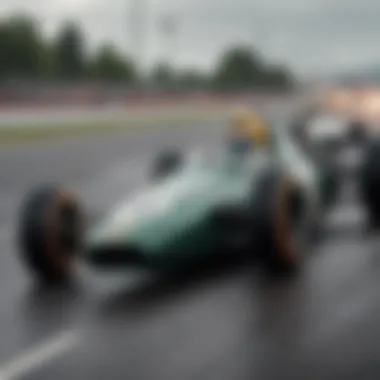 Essence of Competition in a Classic Race Historic image of a classic Formula One race capturing the essence of competition