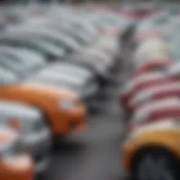 An array of used cars under one thousand dollars lined up in a parking lot