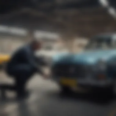 A mechanic inspecting a used car to assess its condition