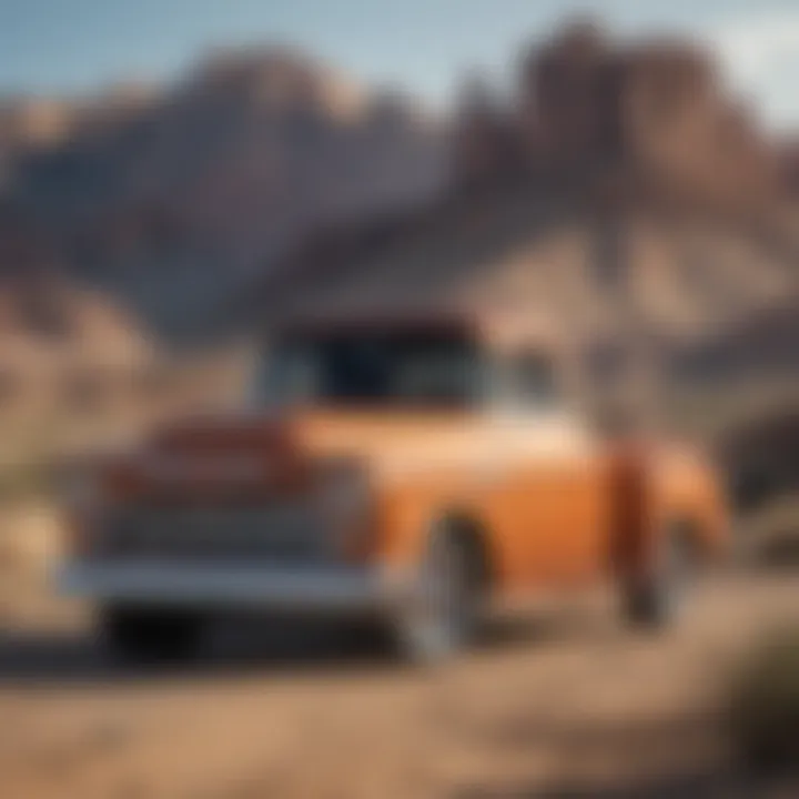 Side view of the Chevy retro truck parked against a backdrop of classic American scenery.