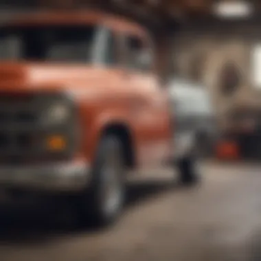 Mechanics working on a vintage pickup truck restoration