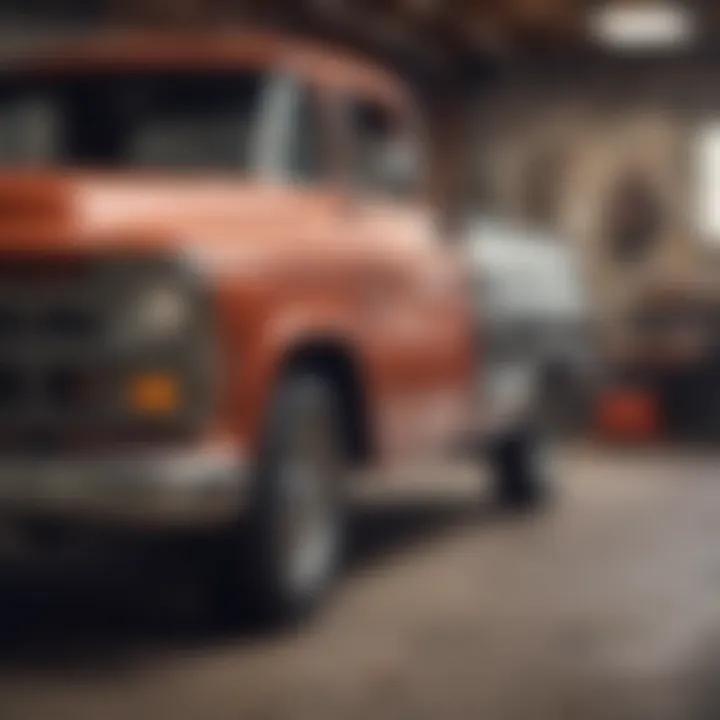 Mechanics working on a vintage pickup truck restoration