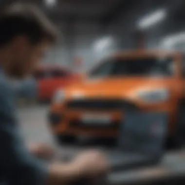 A person examining vehicle data on a laptop in a garage.