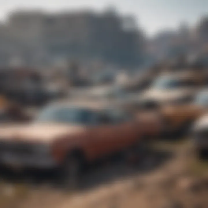 A junkyard filled with various abandoned cars ready for salvage.