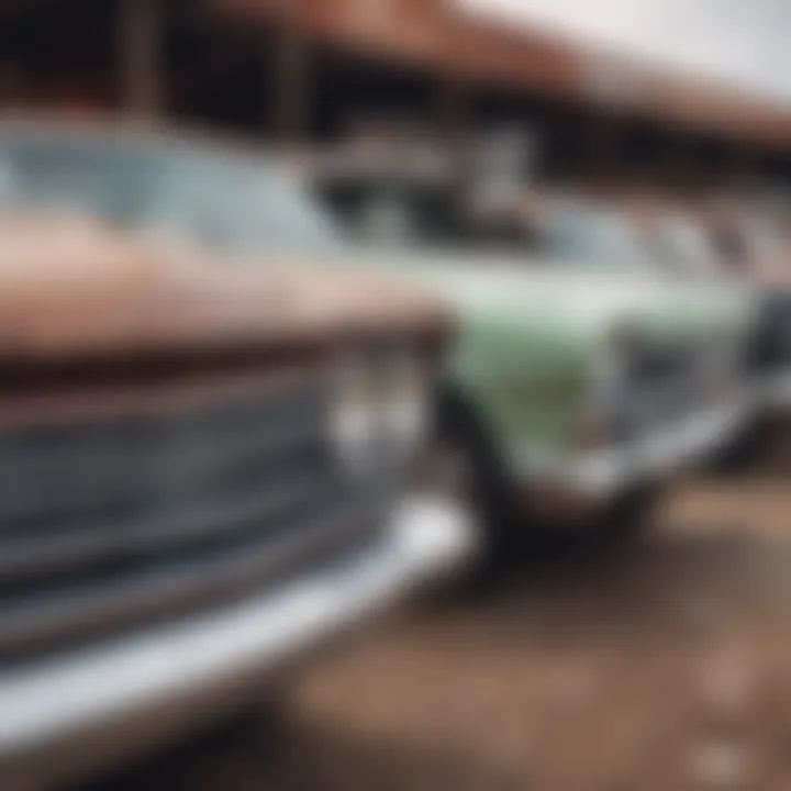 Close-up of classic cars awaiting restoration at Hudson Junk Yard