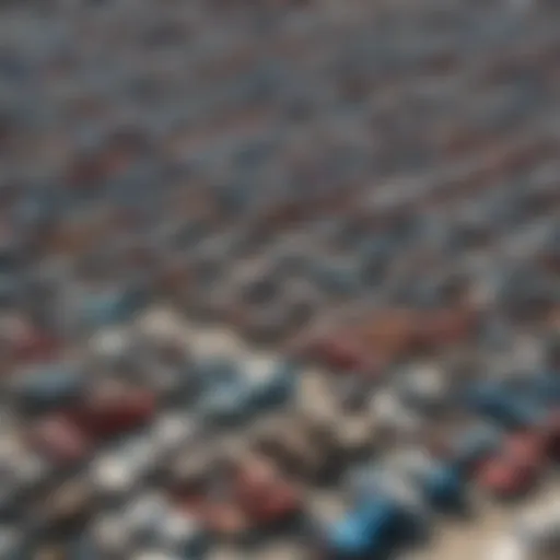 A panoramic view of the Irwindale junkyard showcasing rows of salvaged vehicles under a clear blue sky.