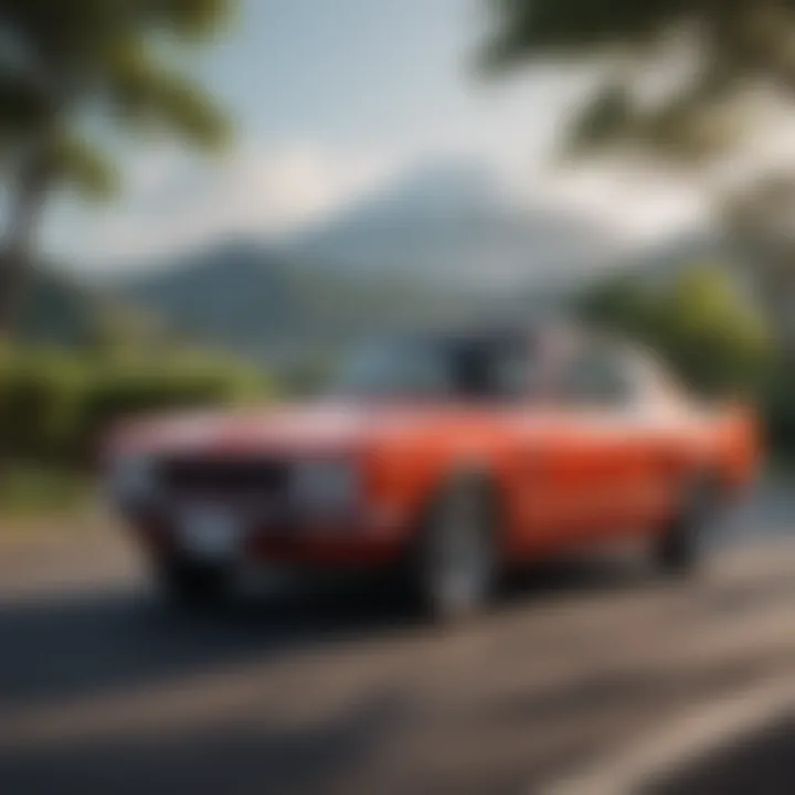 An iconic Japanese classic car parked against a scenic backdrop