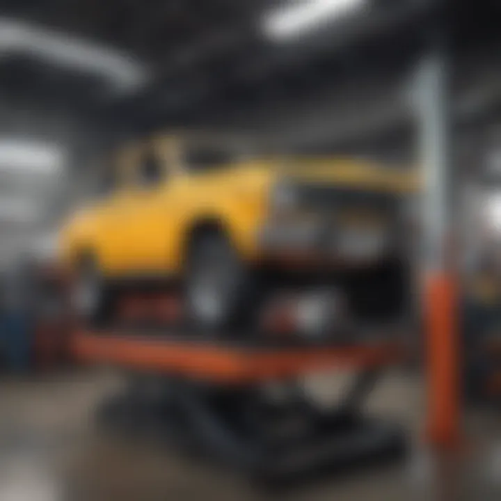 A hydraulic lift in an auto repair shop showcasing a vehicle elevated for maintenance.